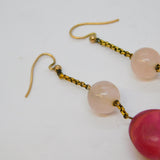 9ct Rose Gold Natural Red Quartz & Rose Quartz Drop Earrings Antique c1920