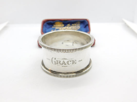 Victorian Sterling Silver 'Grace' Name Napkin Ring 1901 Birmingham Antique