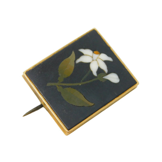 19th Century 15ct Gold Mounted Pietra Dura Lily Flower Brooch Antique c1880