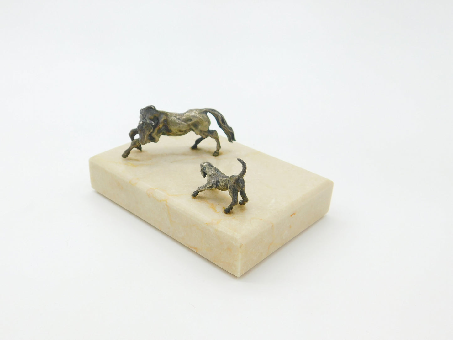 Bronze On Marble Base Sculpture Horse & Hound Vintage c1970 Silvered Bronze