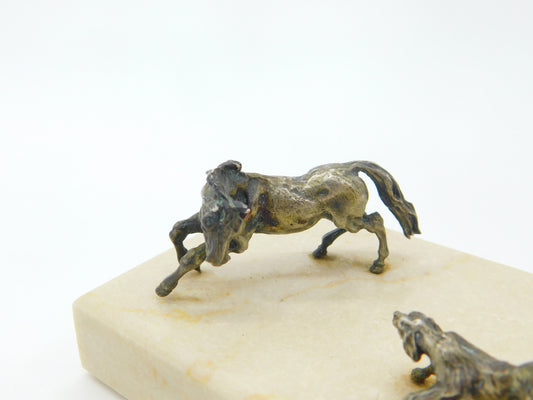 Bronze On Marble Base Sculpture Horse & Hound Vintage c1970 Silvered Bronze