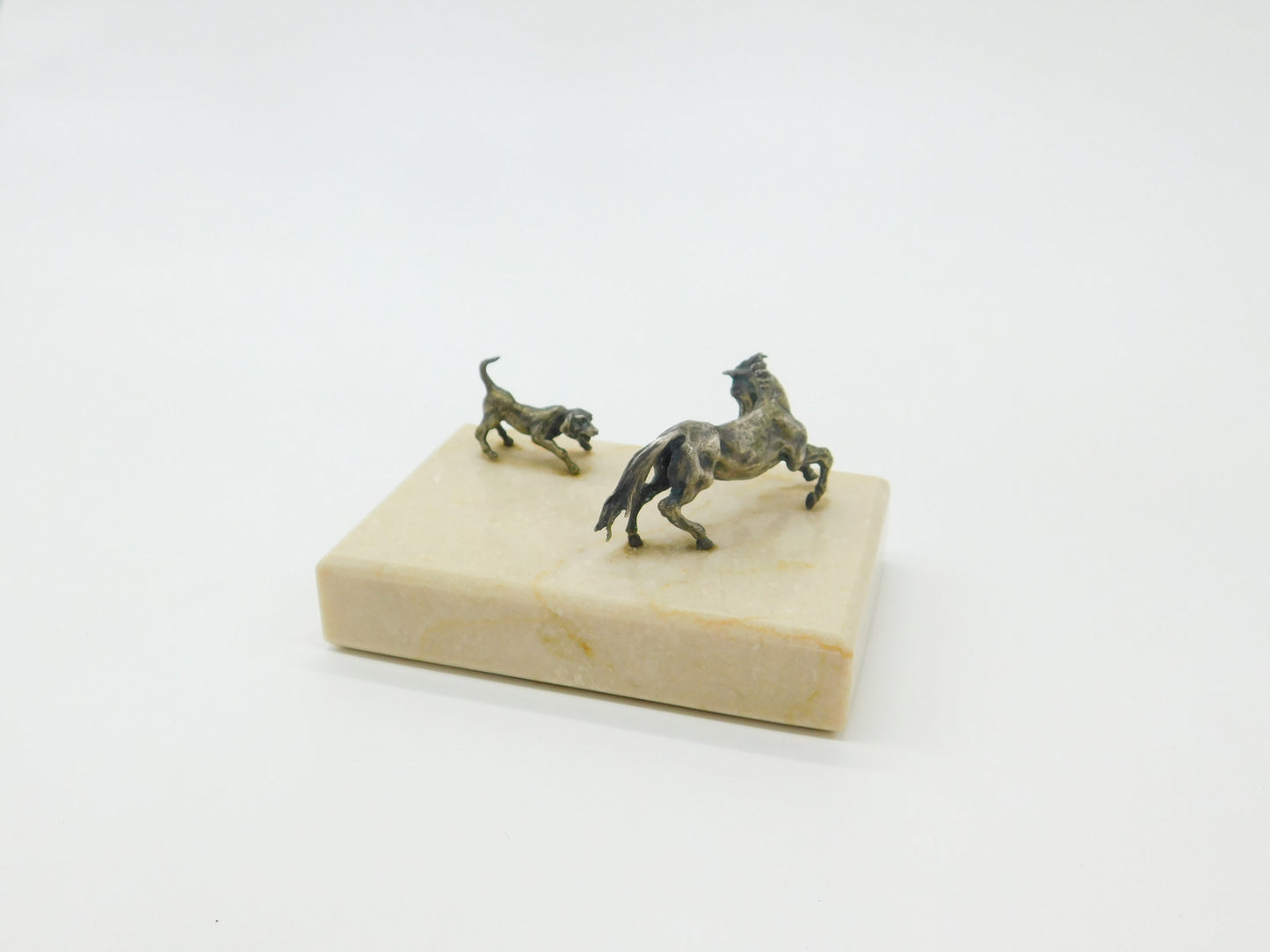 Bronze On Marble Base Sculpture Horse & Hound Vintage c1970 Silvered Bronze