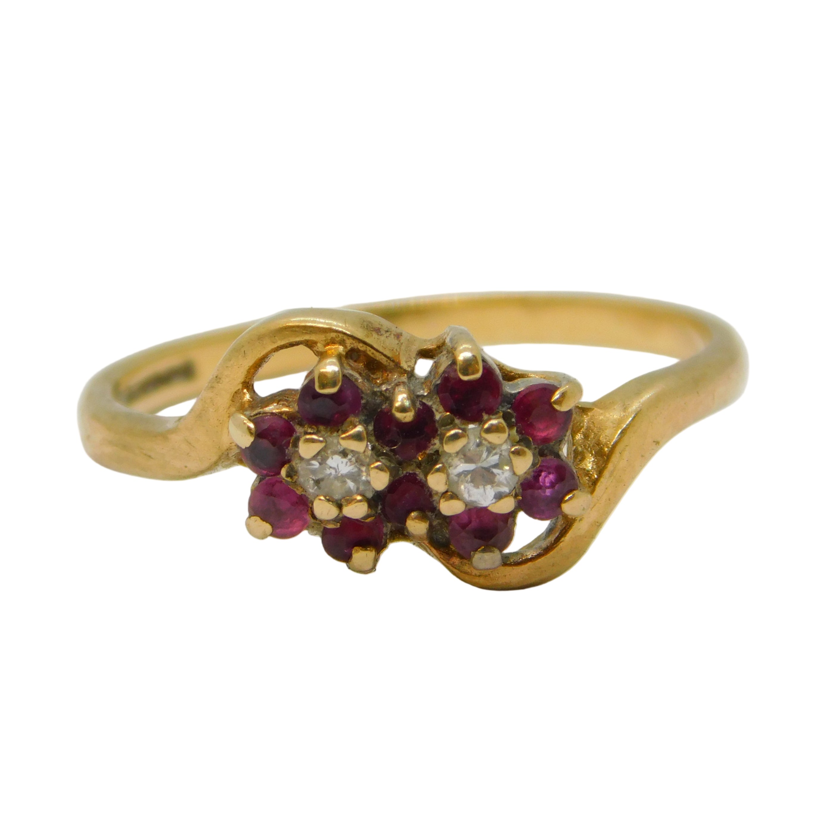 9ct Yellow Gold, Ruby & Diamond Floral Sweetheart Ring Vintage 1987 Birmingham
