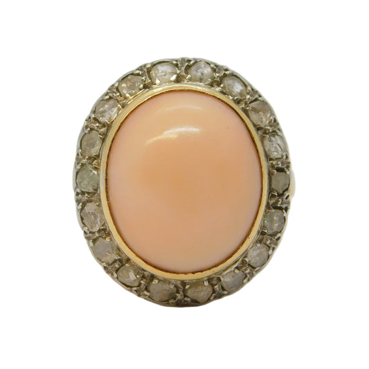 20th Century 18ct Gold, Angel-Skin Coral & 1.1ct Diamond Dress Ring Antique