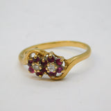 9ct Yellow Gold, Ruby & Diamond Floral Sweetheart Ring Vintage 1987 Birmingham