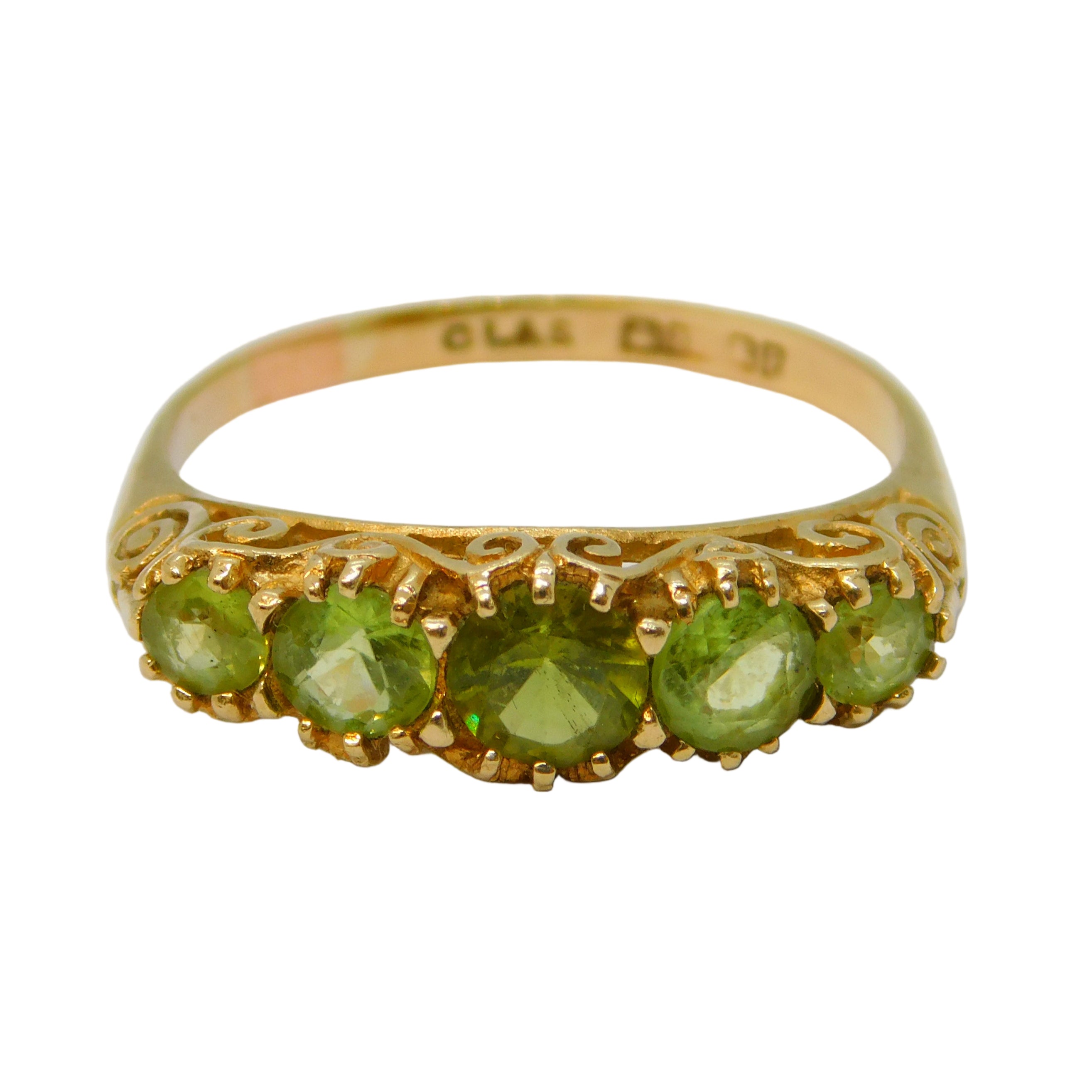 9ct Yellow Gold Five-Stone Peridot Set Boat Ring Vintage 1989 Edinburgh