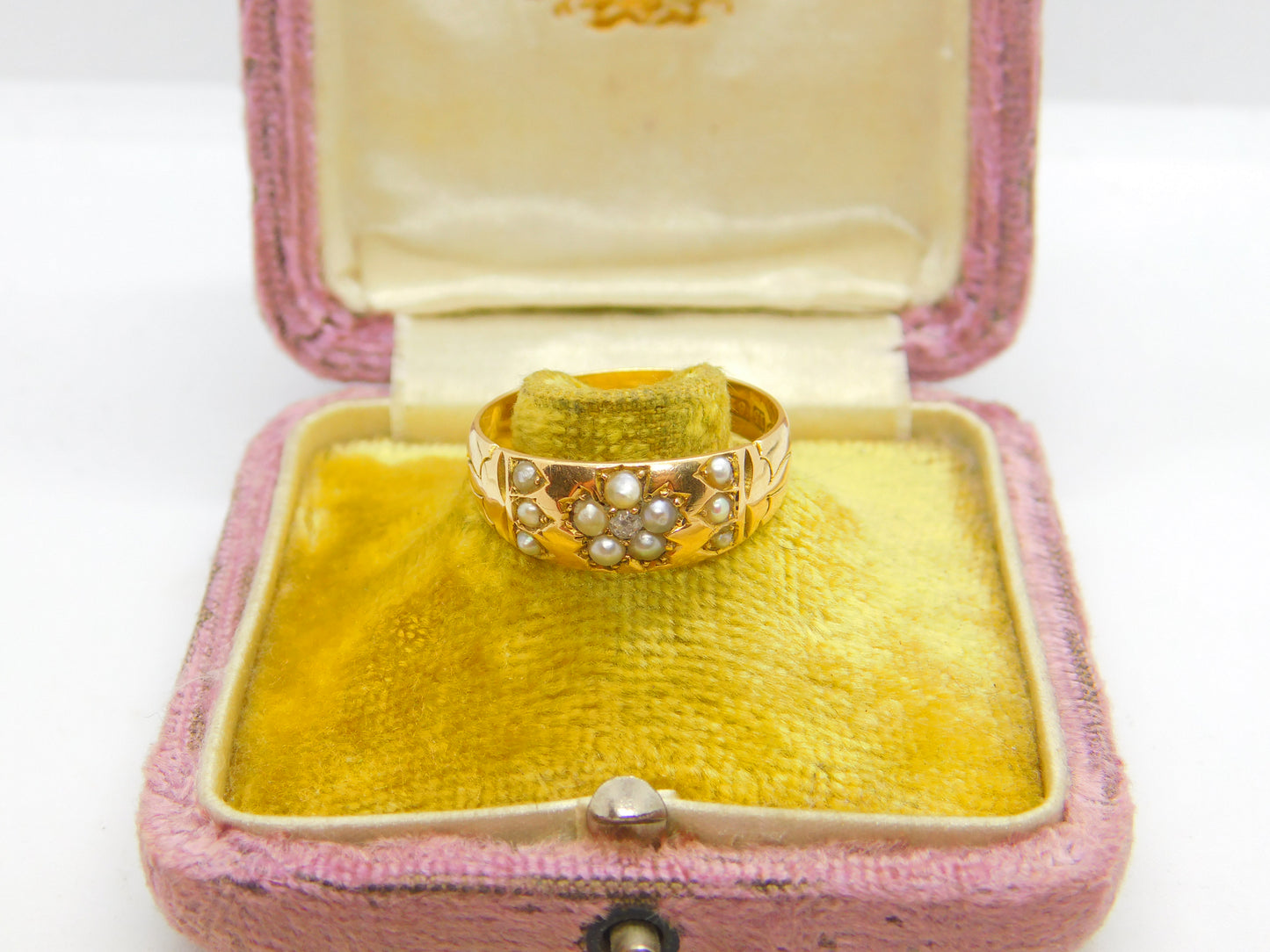 Victorian 15ct Gold, Seed Pearl & Diamond Floral Sweetheart Ring Chester 1886