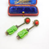 Sterling Silver, Marcasite, Coral & Carved Jadeite Drop Earrings Antique