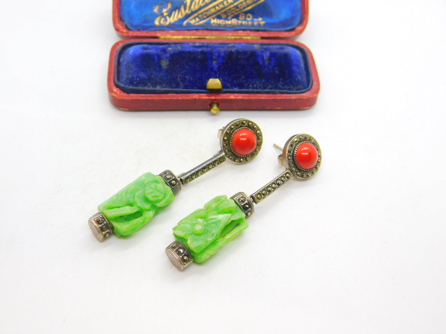 Sterling Silver, Marcasite, Coral & Carved Jadeite Drop Earrings Antique