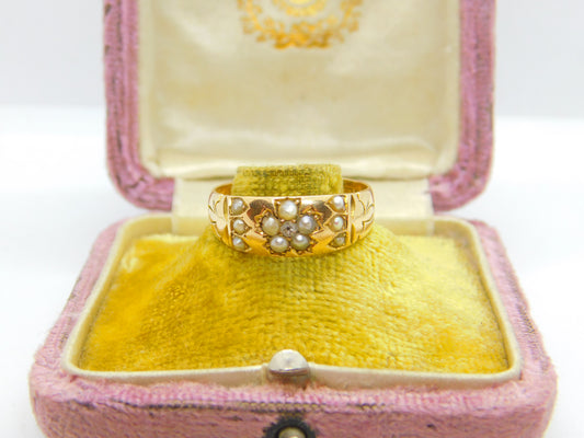 Victorian 15ct Gold, Seed Pearl & Diamond Floral Sweetheart Ring Chester 1886