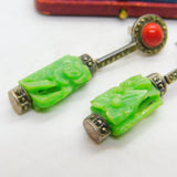 Sterling Silver, Marcasite, Coral & Carved Jadeite Drop Earrings Antique
