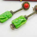 Sterling Silver, Marcasite, Coral & Carved Jadeite Drop Earrings Antique