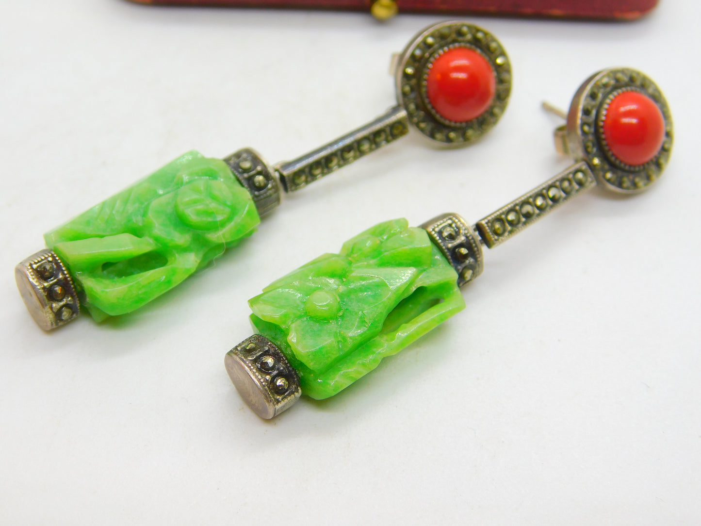 Sterling Silver, Marcasite, Coral & Carved Jadeite Drop Earrings Antique