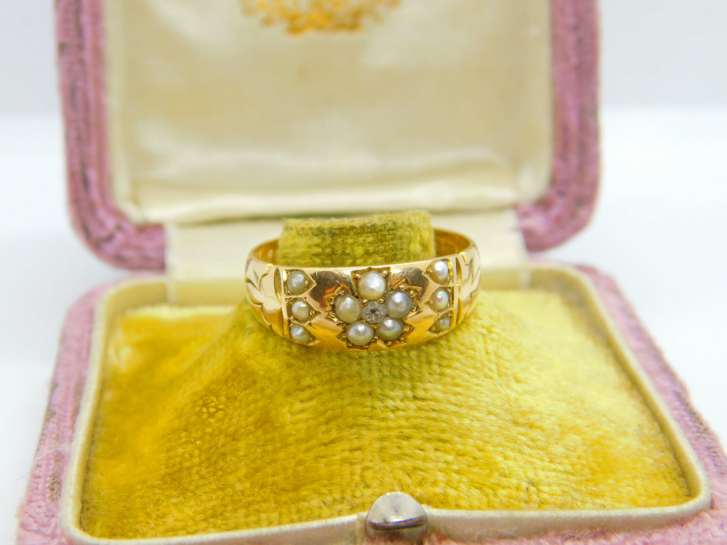 Victorian 15ct Gold, Seed Pearl & Diamond Floral Sweetheart Ring Chester 1886