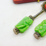 Sterling Silver, Marcasite, Coral & Carved Jadeite Drop Earrings Antique