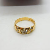 Victorian 15ct Gold, Seed Pearl & Diamond Floral Sweetheart Ring Chester 1886