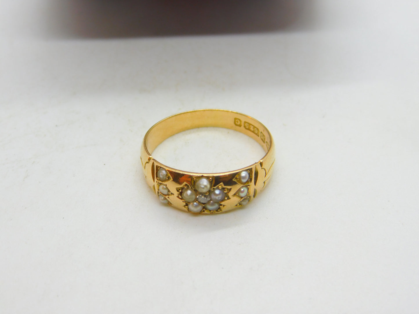 Victorian 15ct Gold, Seed Pearl & Diamond Floral Sweetheart Ring Chester 1886