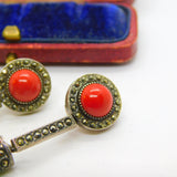 Sterling Silver, Marcasite, Coral & Carved Jadeite Drop Earrings Antique