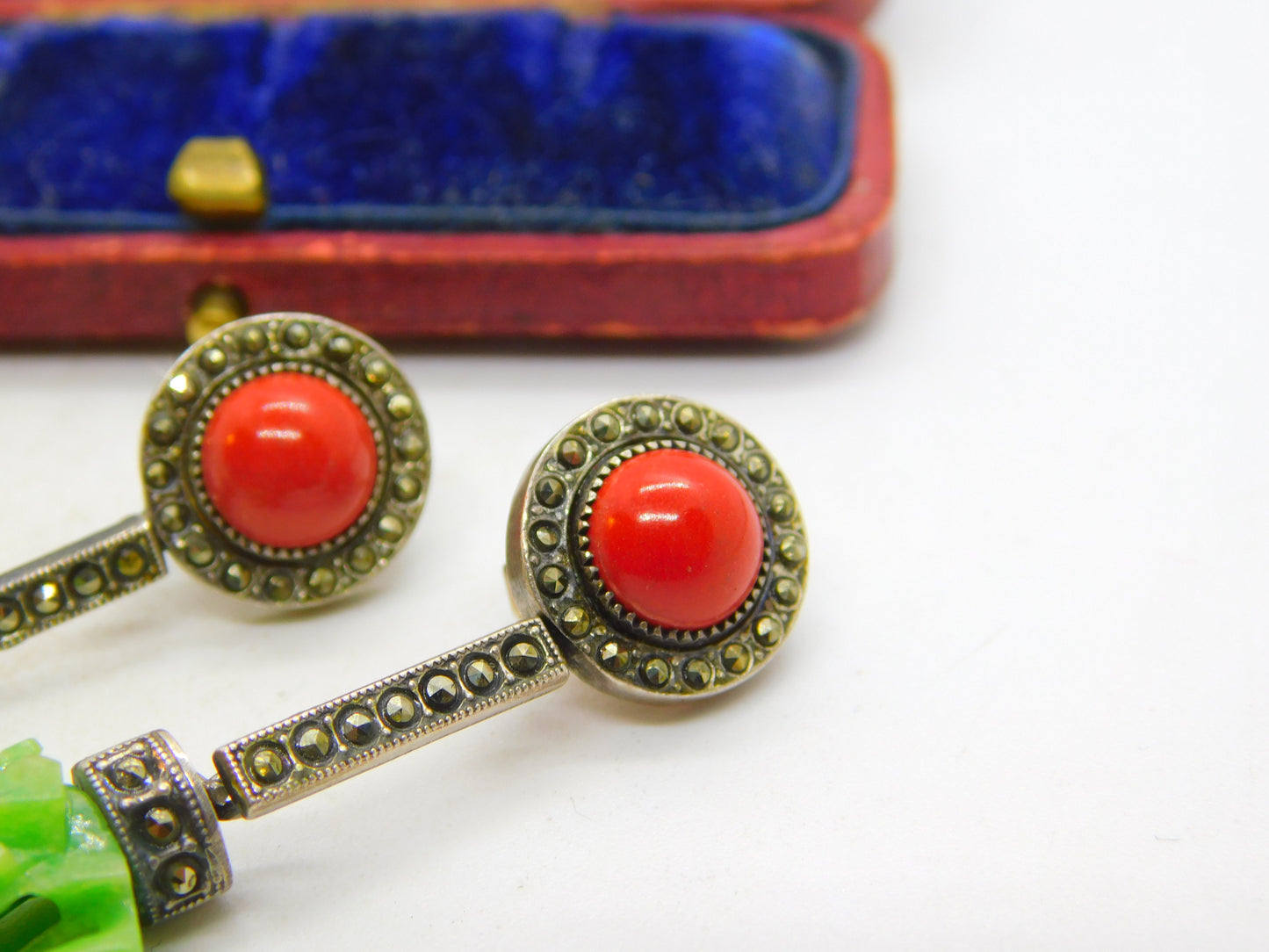 Sterling Silver, Marcasite, Coral & Carved Jadeite Drop Earrings Antique