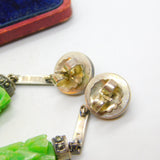 Sterling Silver, Marcasite, Coral & Carved Jadeite Drop Earrings Antique