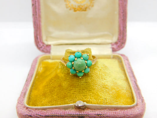 9ct Yellow Gold & Turquoise Set Floral Cluster Ring Antique c1930 Art Deco