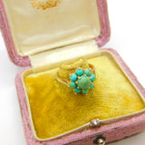 9ct Yellow Gold & Turquoise Set Floral Cluster Ring Antique c1930 Art Deco