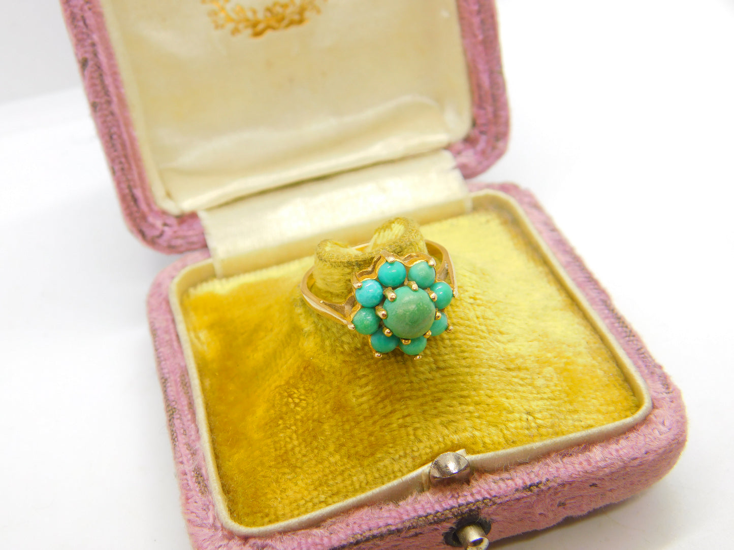 9ct Yellow Gold & Turquoise Set Floral Cluster Ring Antique c1930 Art Deco