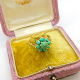 9ct Yellow Gold & Turquoise Set Floral Cluster Ring Antique c1930 Art Deco