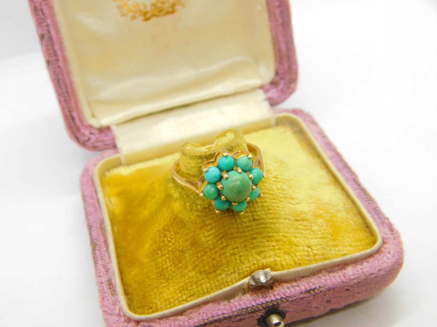 9ct Yellow Gold & Turquoise Set Floral Cluster Ring Antique c1930 Art Deco