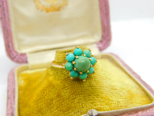 9ct Yellow Gold & Turquoise Set Floral Cluster Ring Antique c1930 Art Deco