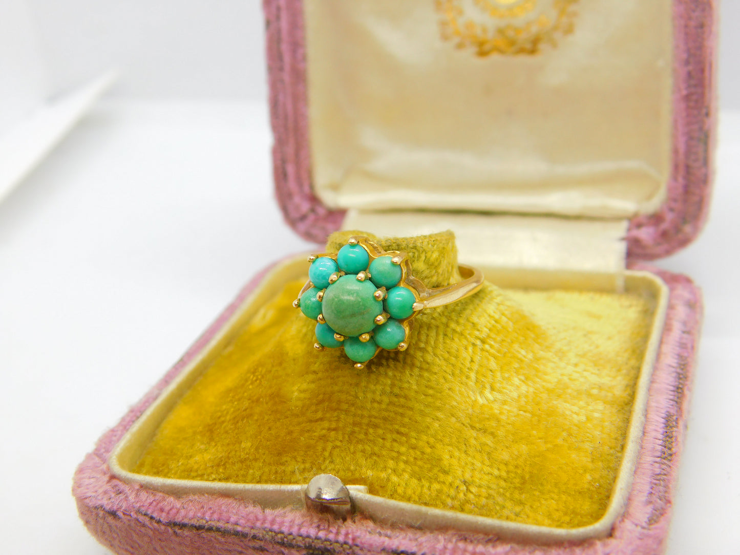 9ct Yellow Gold & Turquoise Set Floral Cluster Ring Antique c1930 Art Deco