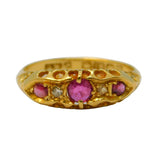Victorian 18ct Yellow Gold, Ruby & Diamond Boat Ring Antique 1886 Birmingham