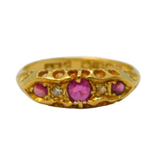 Victorian 18ct Yellow Gold, Ruby & Diamond Boat Ring Antique 1886 Birmingham