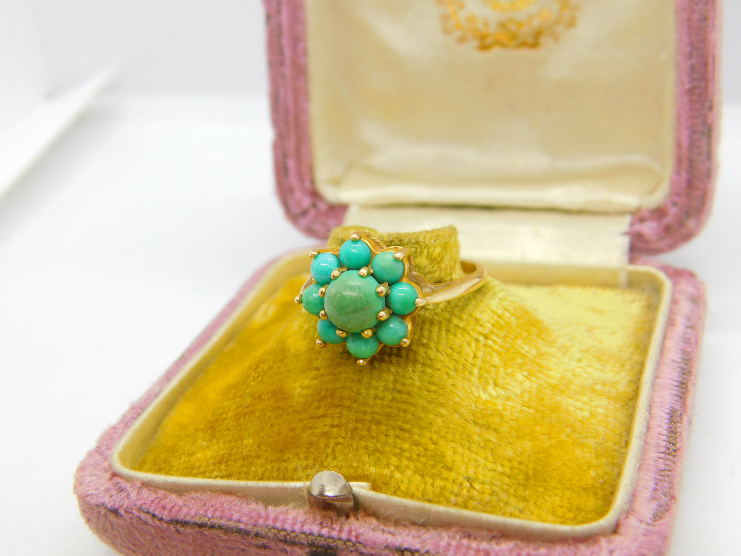 9ct Yellow Gold & Turquoise Set Floral Cluster Ring Antique c1930 Art Deco