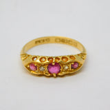 Victorian 18ct Yellow Gold, Ruby & Diamond Boat Ring Antique 1886 Birmingham