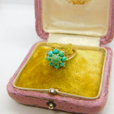 9ct Yellow Gold & Turquoise Set Floral Cluster Ring Antique c1930 Art Deco