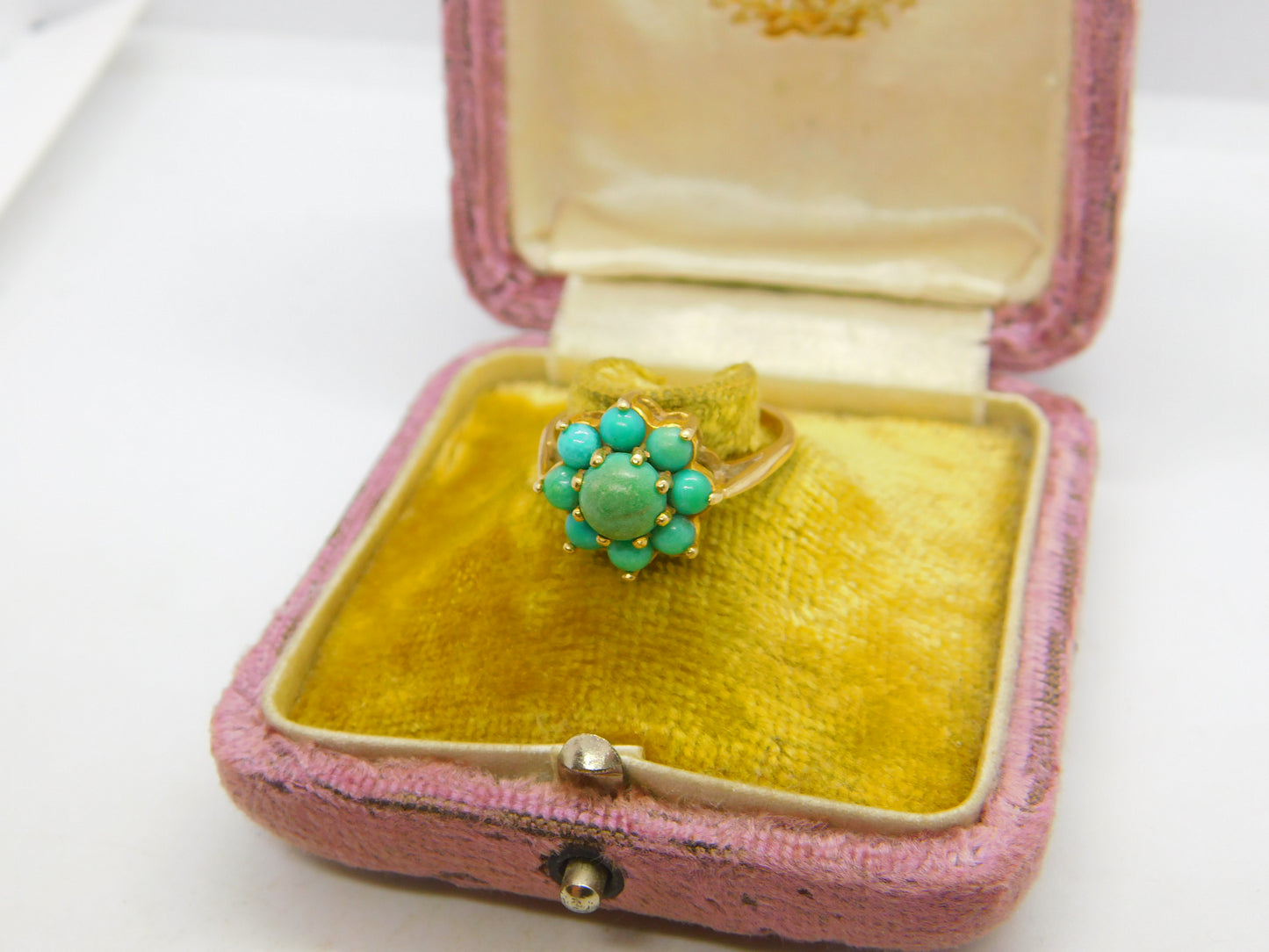 9ct Yellow Gold & Turquoise Set Floral Cluster Ring Antique c1930 Art Deco