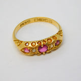 Victorian 18ct Yellow Gold, Ruby & Diamond Boat Ring Antique 1886 Birmingham