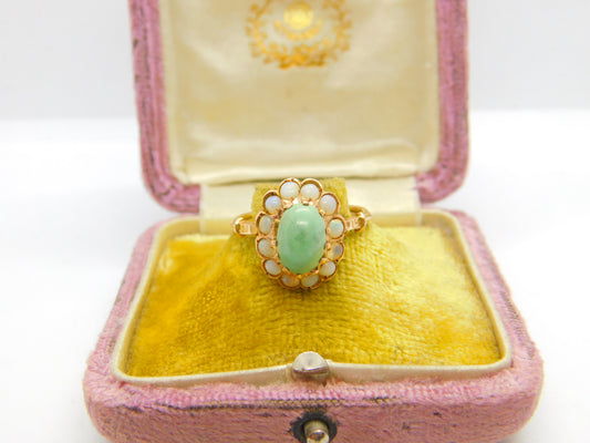 Victorian 14ct Gold, Cabochon Turquoise & Opal Floral Cluster Ring Antique c1880