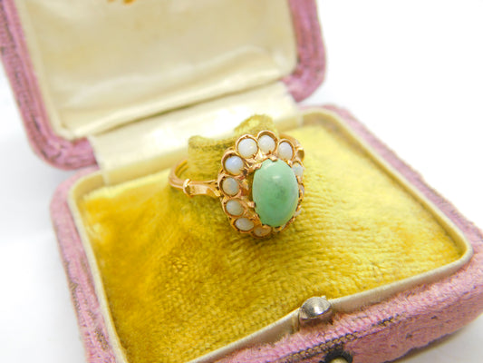 Victorian 14ct Gold, Cabochon Turquoise & Opal Floral Cluster Ring Antique c1880