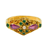 Victorian 15ct Yellow Gold, Emerald, Almandine Garnet, Seed Pearl Dress Ring Birmingham 1870
