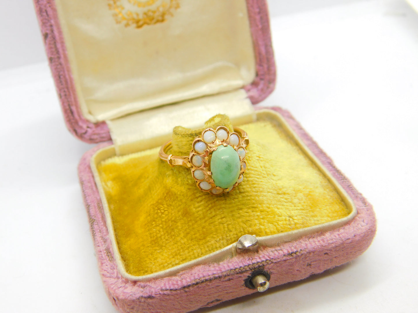 Victorian 14ct Gold, Cabochon Turquoise & Opal Floral Cluster Ring Antique c1880