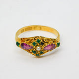 Victorian 15ct Yellow Gold, Emerald, Almandine Garnet, Seed Pearl Dress Ring Birmingham 1870