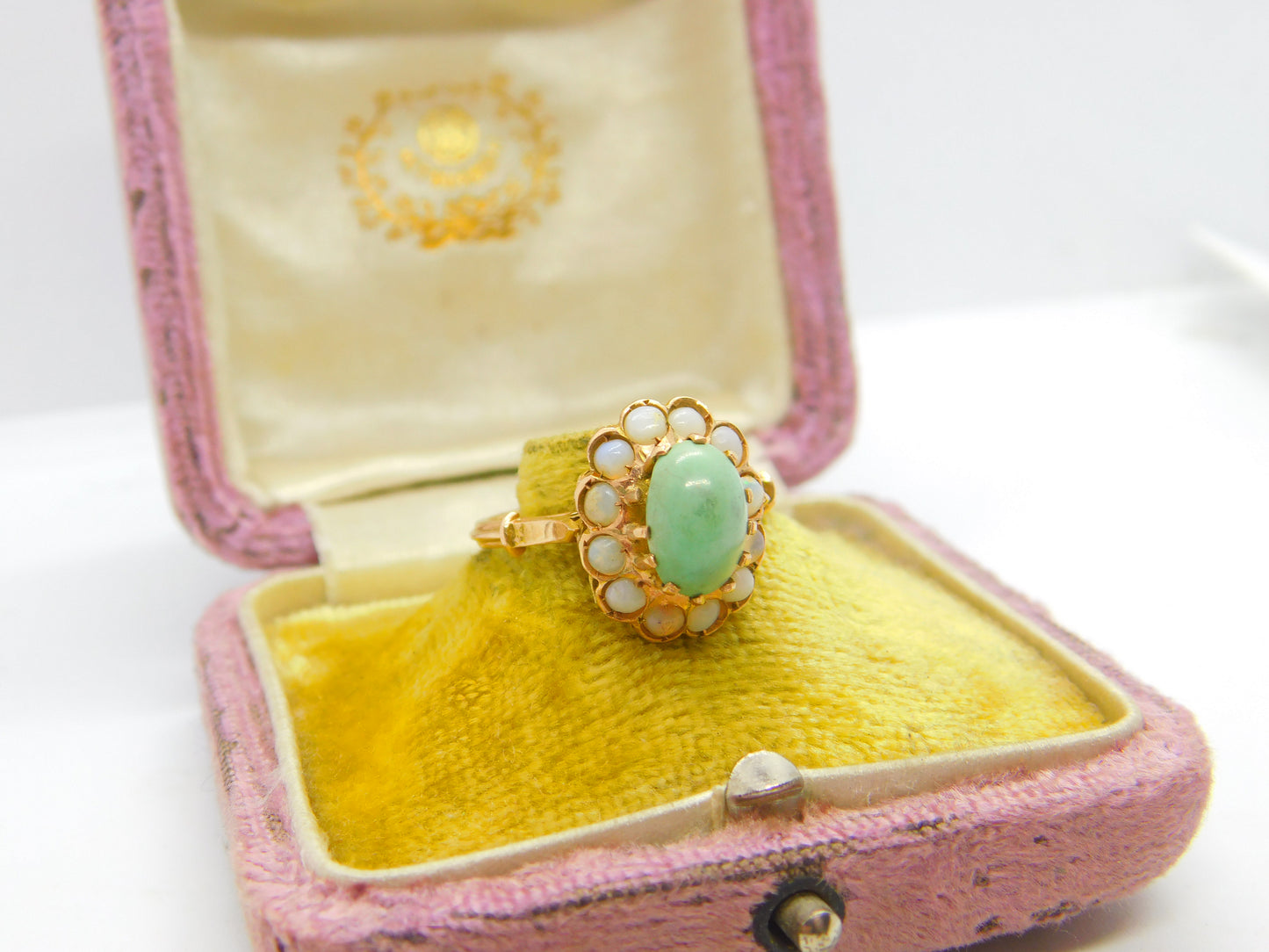 Victorian 14ct Gold, Cabochon Turquoise & Opal Floral Cluster Ring Antique c1880