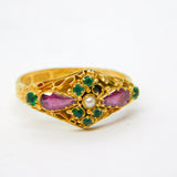 Victorian 15ct Yellow Gold, Emerald, Almandine Garnet, Seed Pearl Dress Ring Birmingham 1870