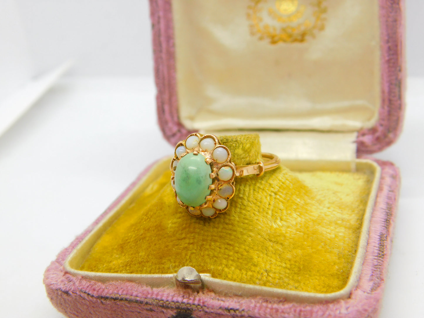 Victorian 14ct Gold, Cabochon Turquoise & Opal Floral Cluster Ring Antique c1880