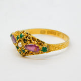 Victorian 15ct Yellow Gold, Emerald, Almandine Garnet, Seed Pearl Dress Ring Birmingham 1870