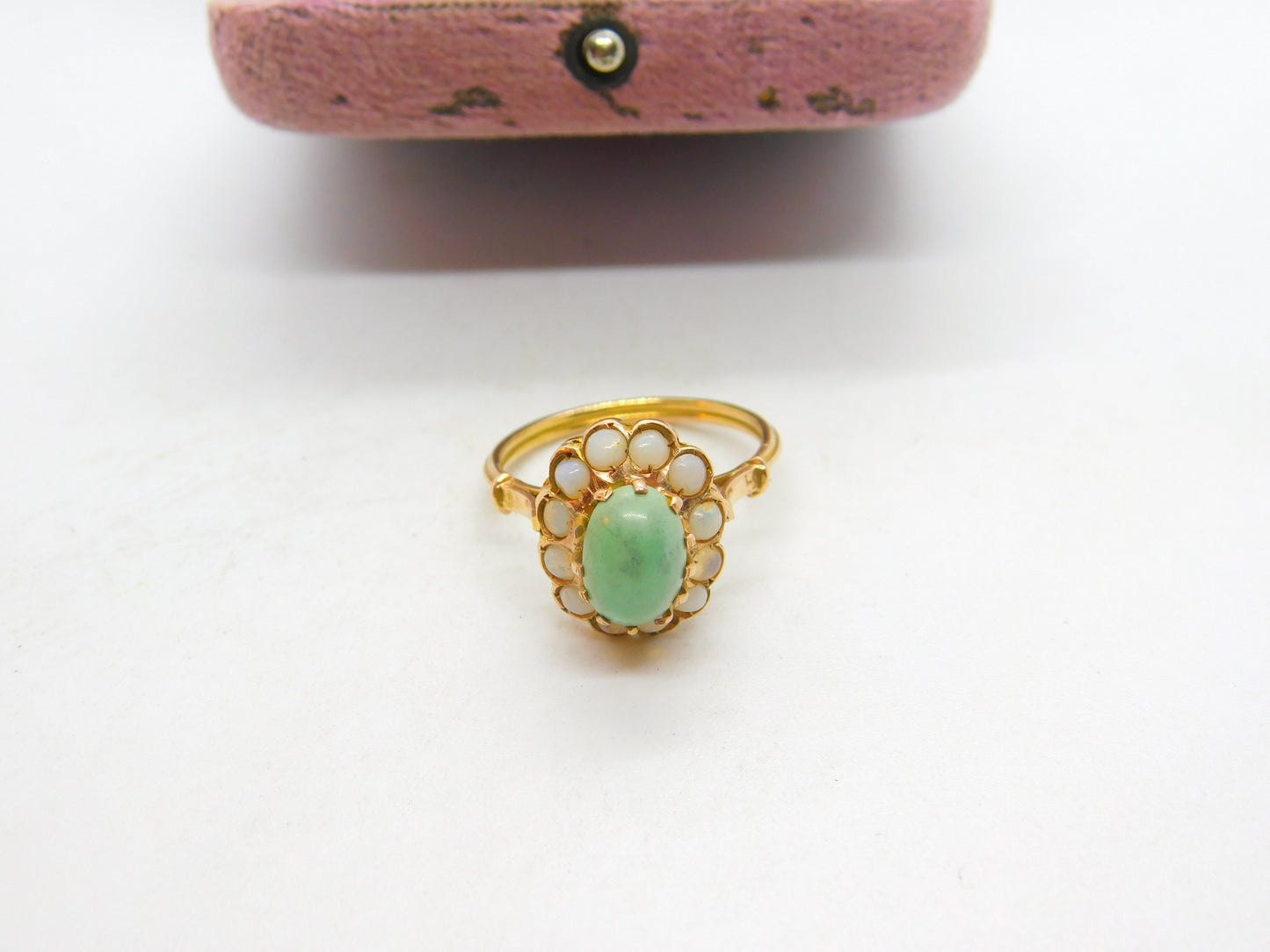 Victorian 14ct Gold, Cabochon Turquoise & Opal Floral Cluster Ring Antique c1880