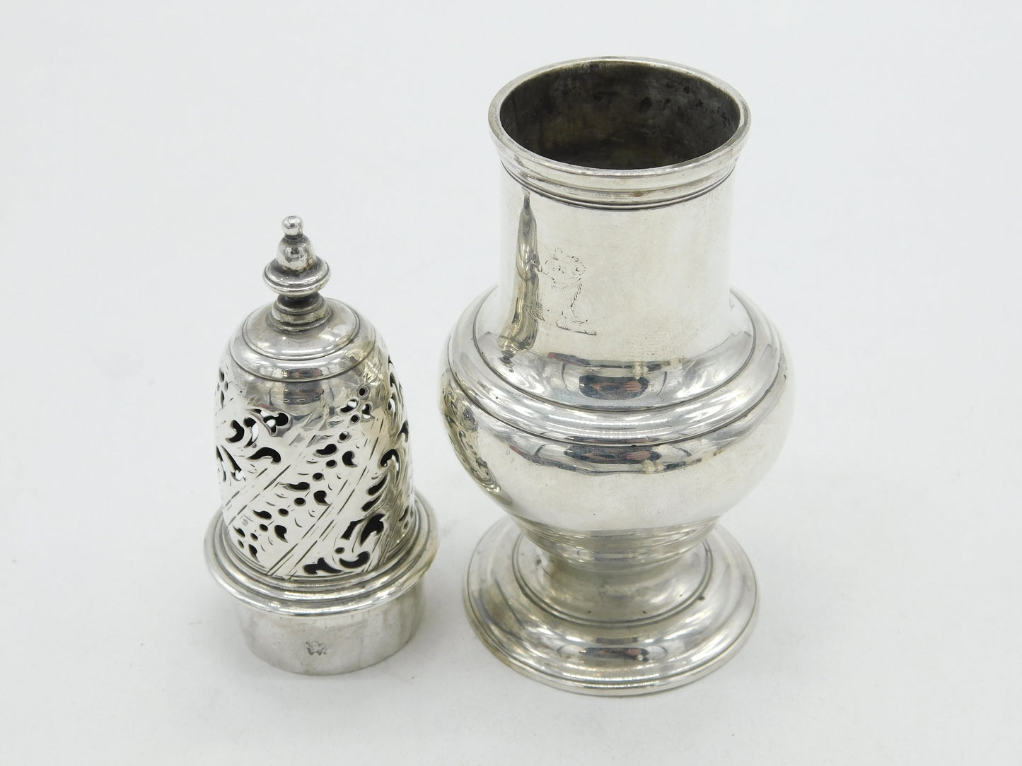 George II Sterling Silver Crested Muffineer Sugar Caster Antique 1750 London