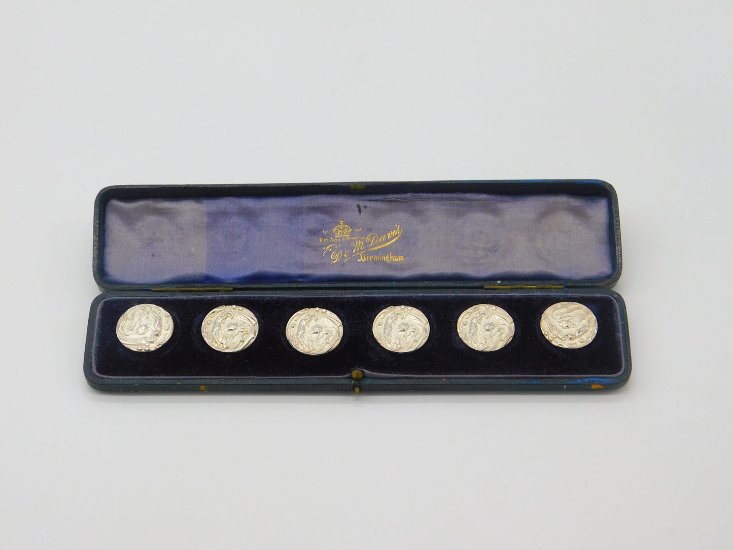 Edwardian Boxed Set Of Sterling Silver Halley's Comet Buttons Antique c1910